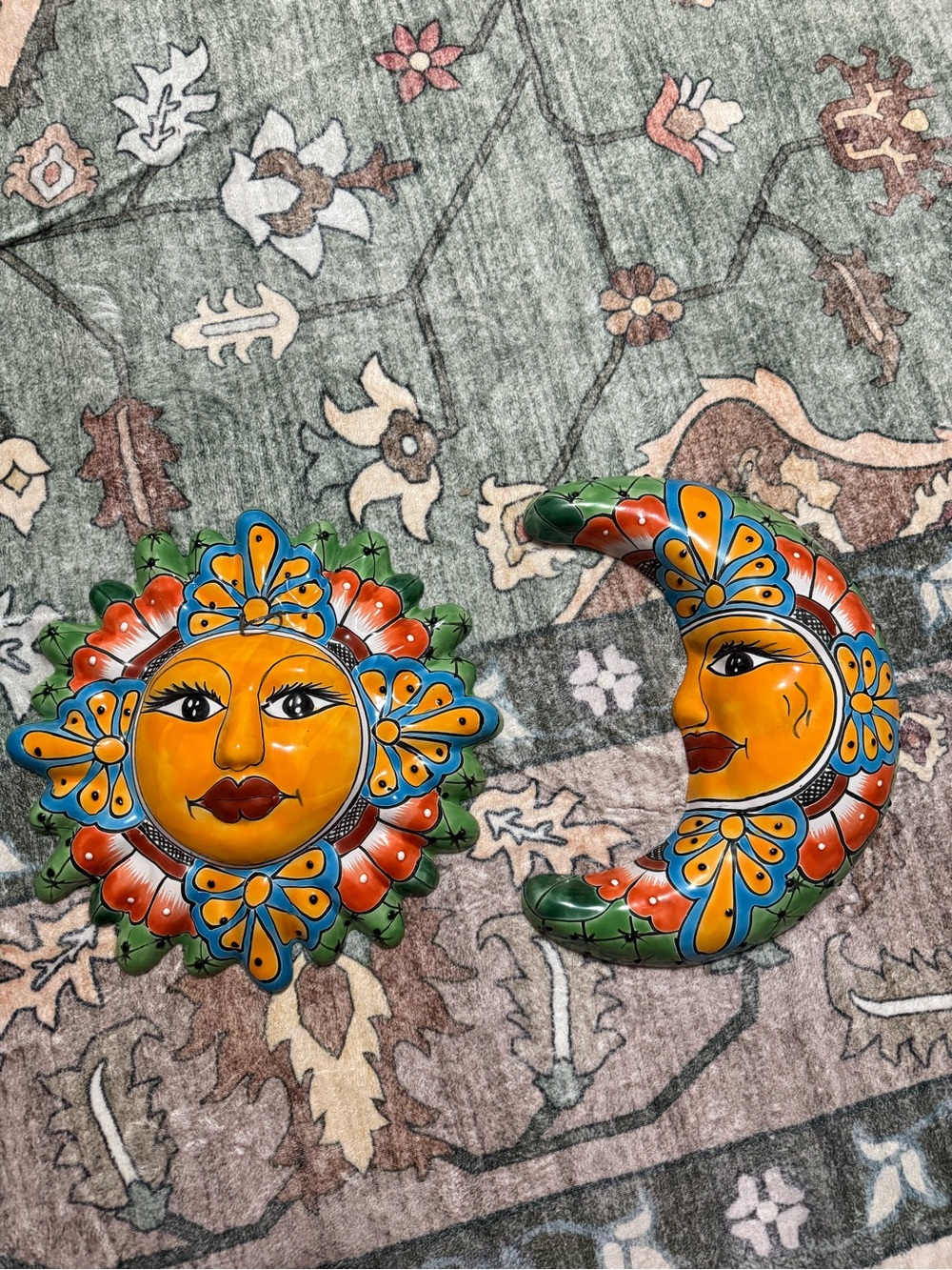 Hand-Painted Sun and Moon Ceramic Wall Decor - Orange, Blue & Green